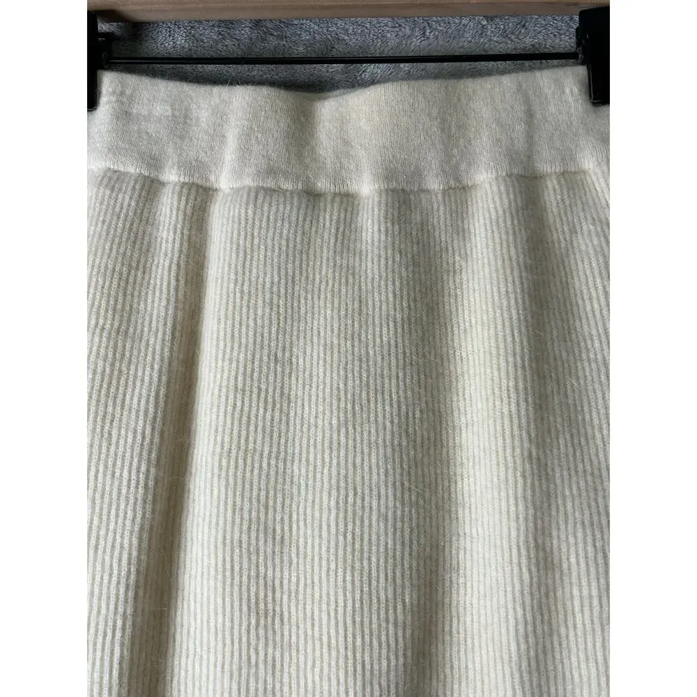 Vintage Ivory Lambswool Angora Beaded Ribbed Knit Sweater Skirt Set Quiet Luxury